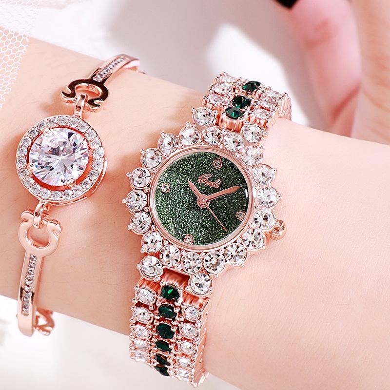Women Quartz Bracelet Watch with Diamond Accents - Silver Shell Green Plate 15