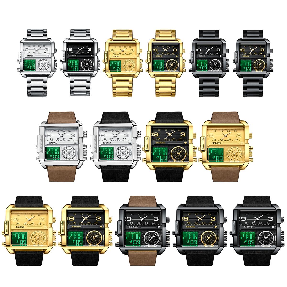 Waterproof Square Multifunctional Sports Quartz Watch - Black Steel-Black-Gold 3