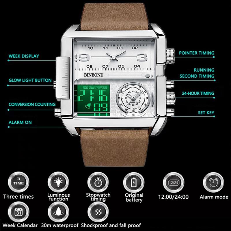 Waterproof Square Multifunctional Sports Quartz Watch - Black Steel-Black-Gold 6
