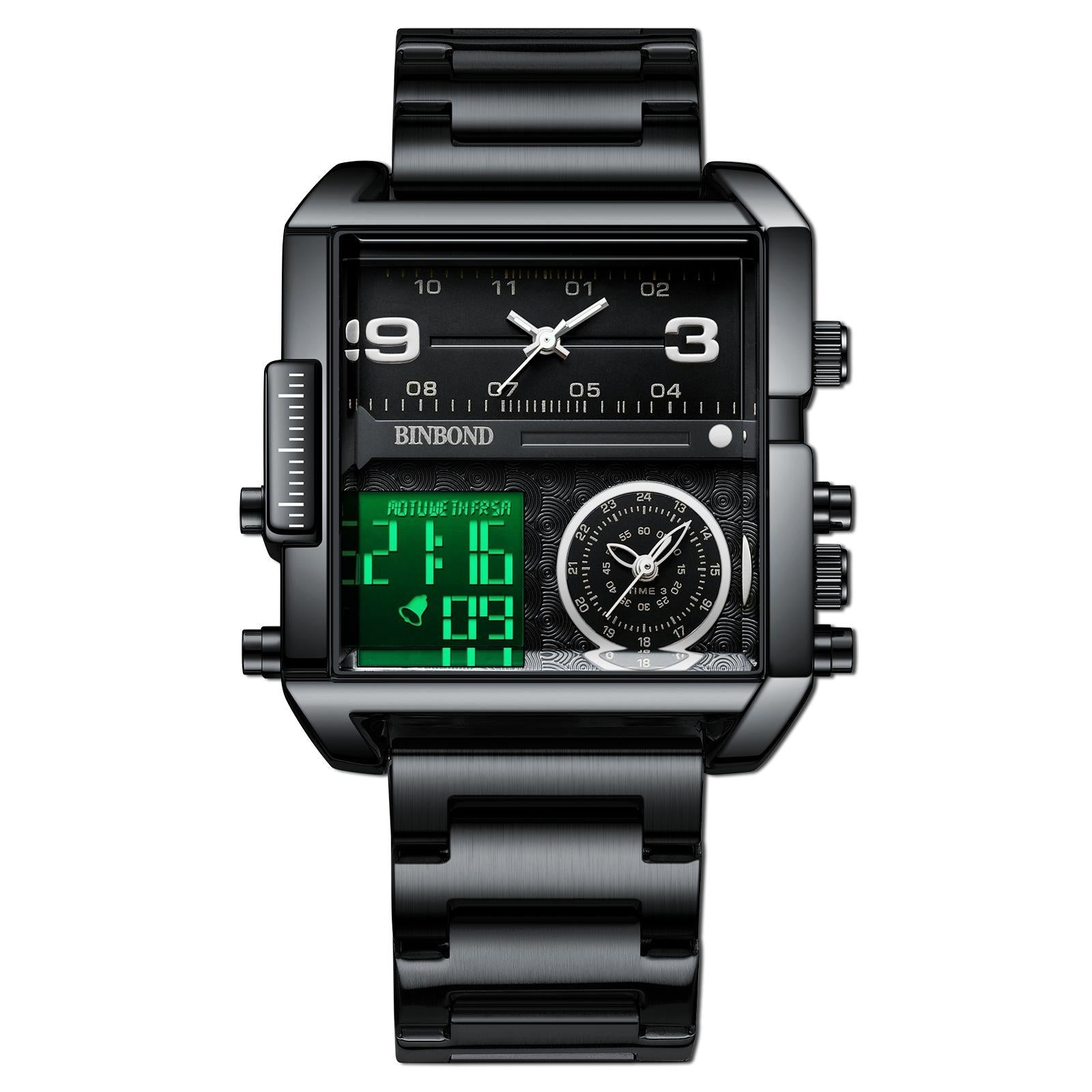 Waterproof Square Multifunctional Sports Quartz Watch - Black Steel-Black-Gold 10