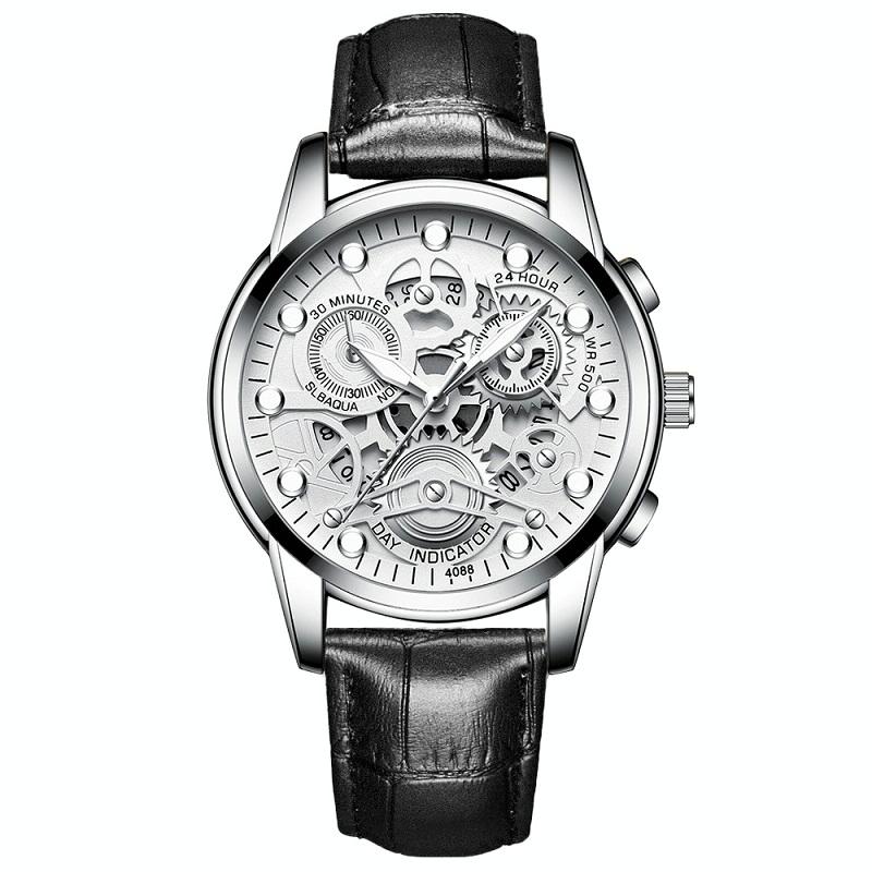 Waterproof Luminous Men Quartz Watch - Hollow Design - Black Leather White Steel White Flour