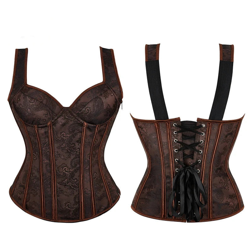 Black Retro Steampunk Padded Corset & Bustier Side Zipper Plus Size - Brown - L