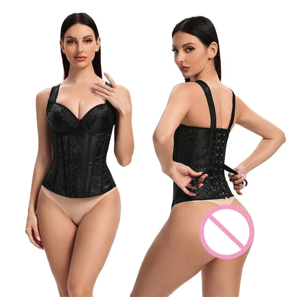 Adjustable Plus Size Steampunk Gothic Corset With G String S To 6Xl - Black - M
