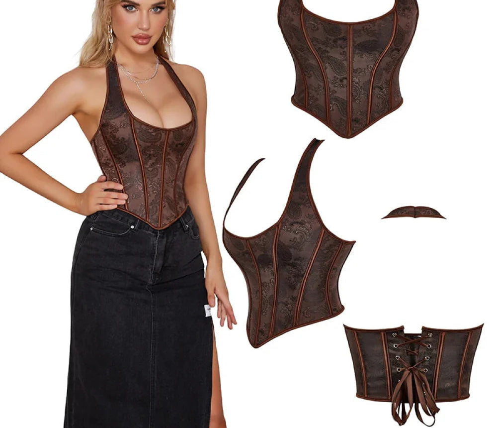 Steampunk Chest Binder Bustier Halter Corset Top For Women Plus Size Retro Corselet - 972 Brown - L 4