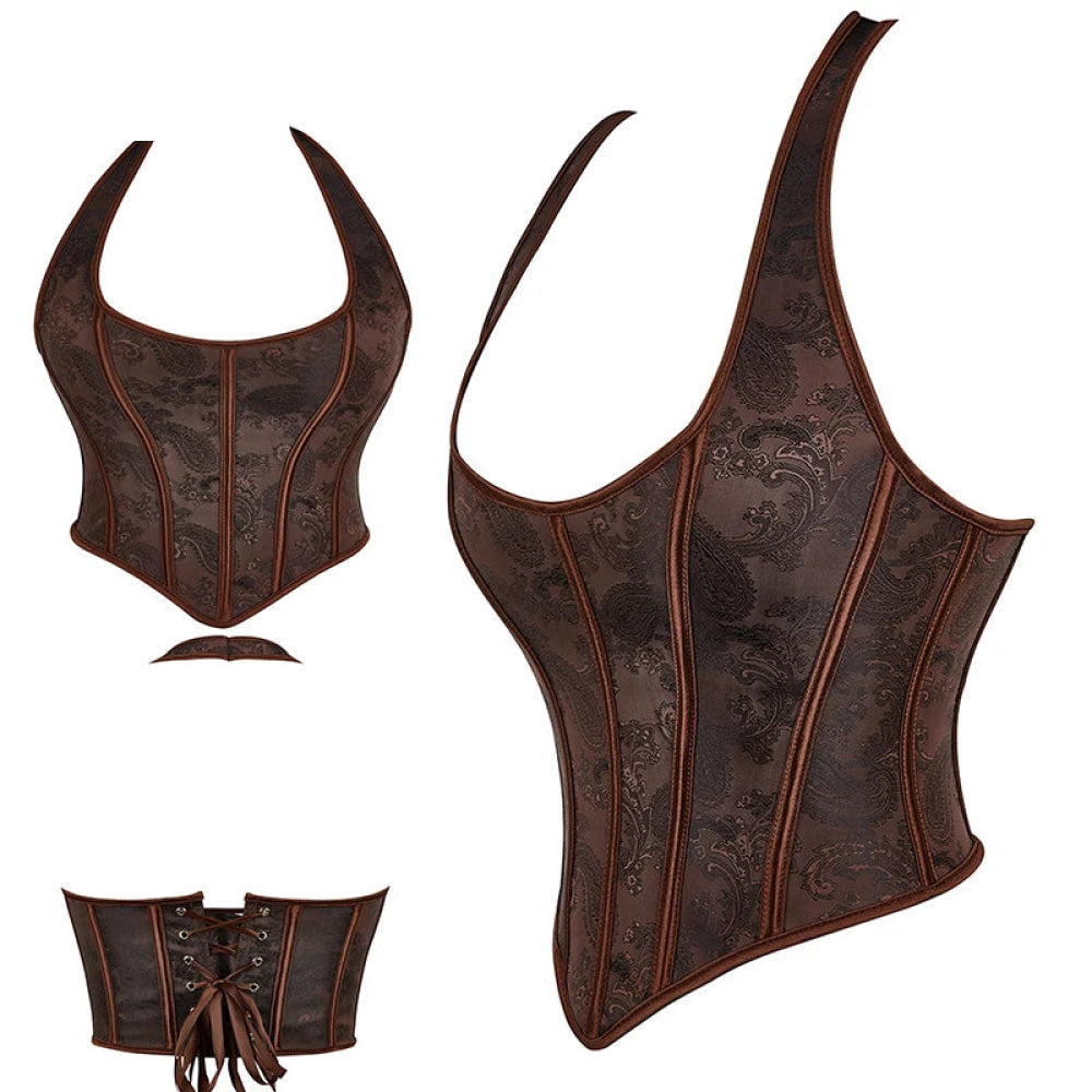 Steampunk Chest Binder Bustier Halter Corset Top For Women Plus Size Retro Corselet - 972 Brown - Xxxl