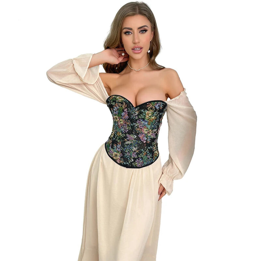 Floral Print Vintage Corselet Plus Size Strapless Corset Top For Women - M