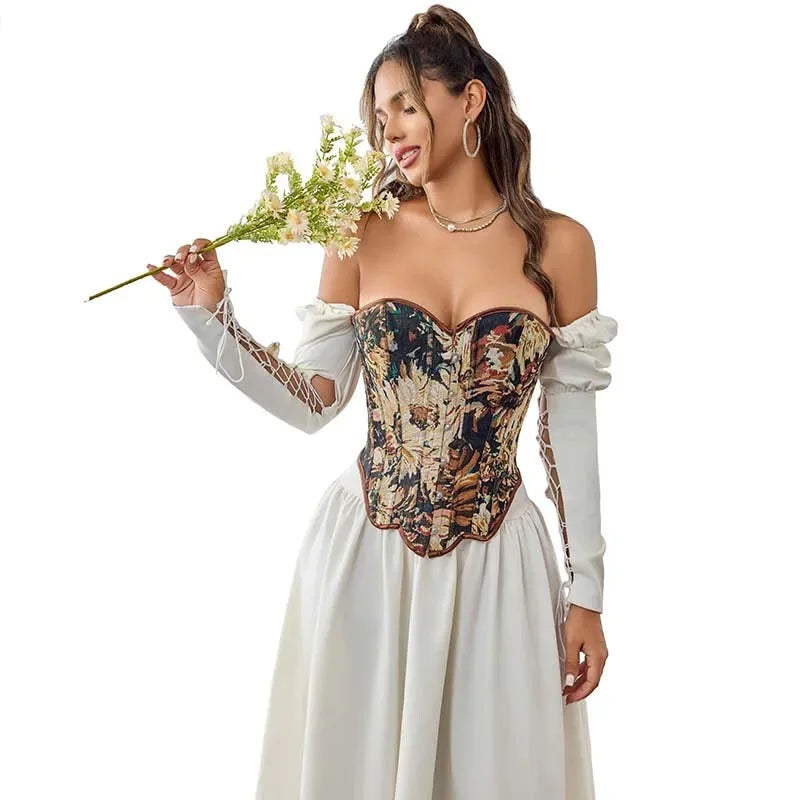 Floral Fishbone Corset Top Retro Bodice Plus Size Xs-Xl Flounce Irregular Bustier - L 6