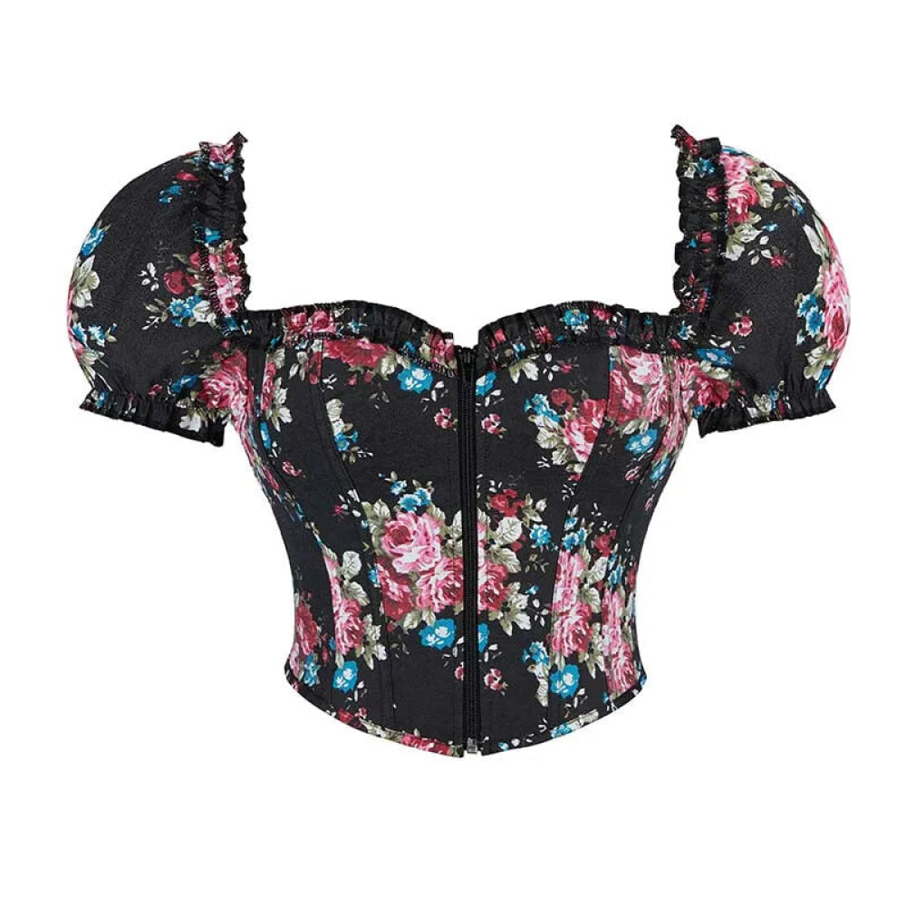 Vintage Floral Crop Top With Puff Sleeves Black / Pink / Green Denim Jeans Fabric Zip Up Corset For Women - Black - Xxl