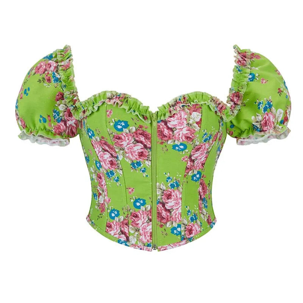 Vintage Floral Crop Top With Puff Sleeves Black / Pink / Green Denim Jeans Fabric Zip Up Corset For Women - Green - S