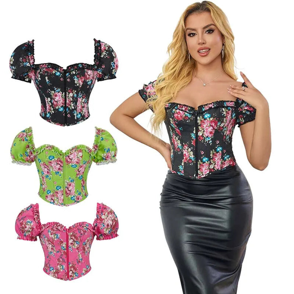 Vintage Floral Crop Top With Puff Sleeves Black / Pink / Green Denim Jeans Fabric Zip Up Corset For Women - Rose Pink - Xl