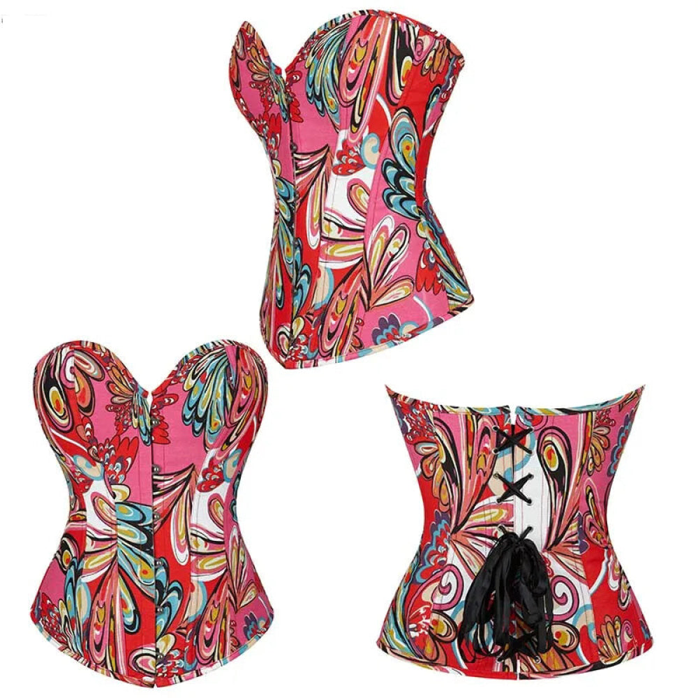 Vintage Lace-Up Denim Corset With Thong Plus Size S-Xxl - Red - M