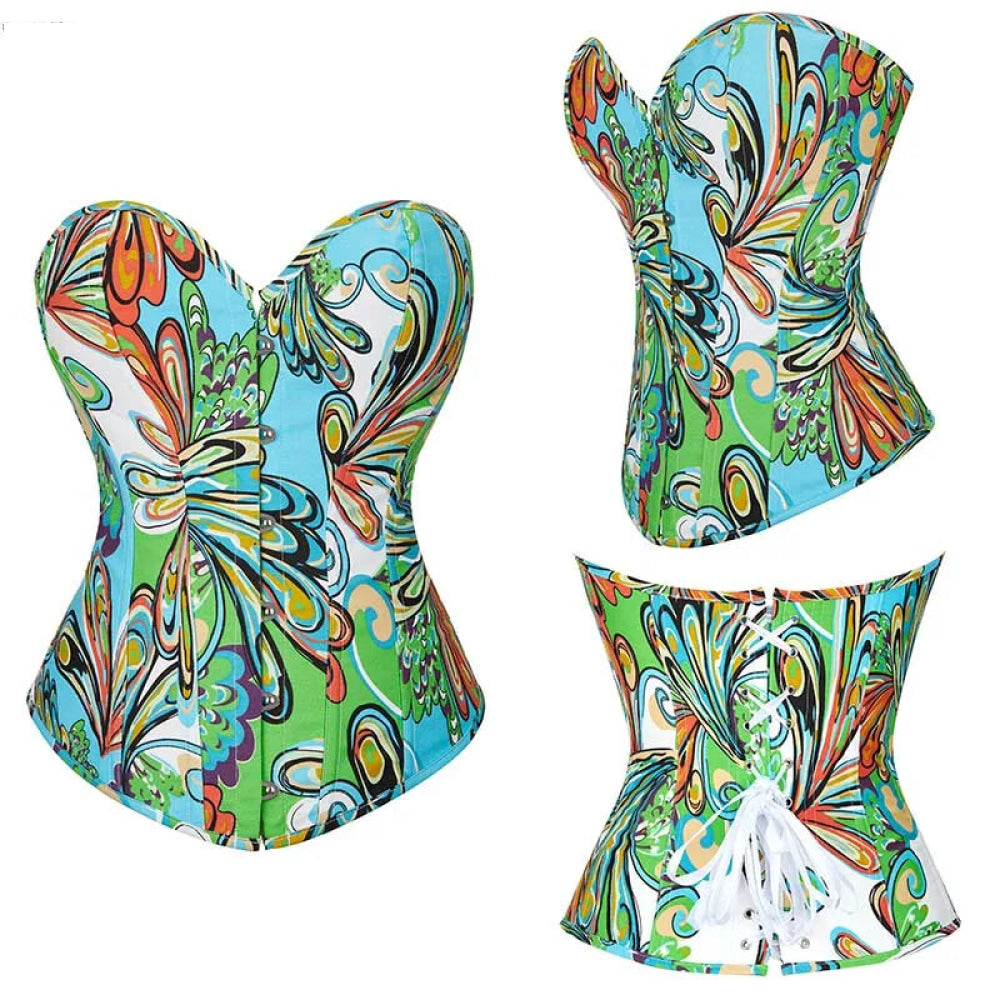 Green Bustier Corset Top With Thong Front 6 Busk Back Lace Plus Size Alluring Lingerie For Busty Women - Blue - L 6