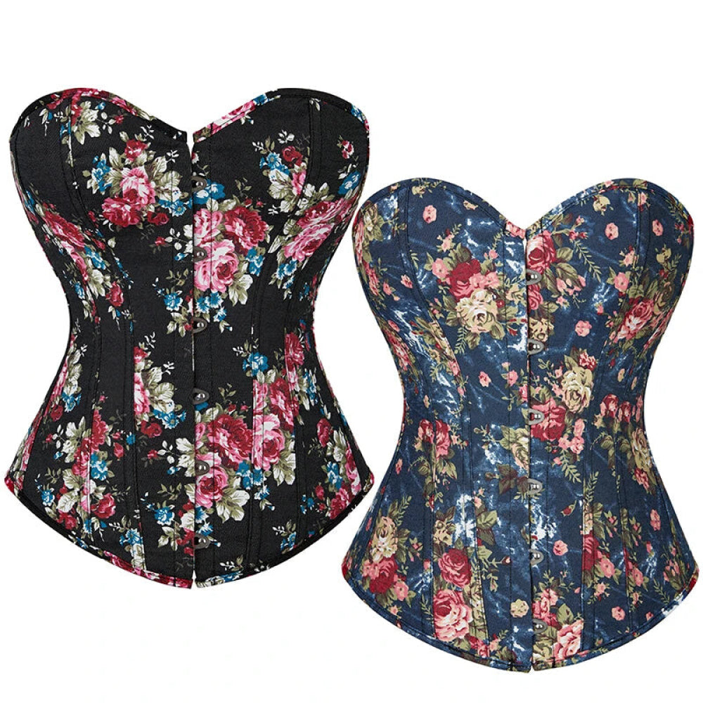 Floral Lace-Up Denim Corset Plus Size S-6Xl Boned Strapless Blue / Black - Black - 5Xl