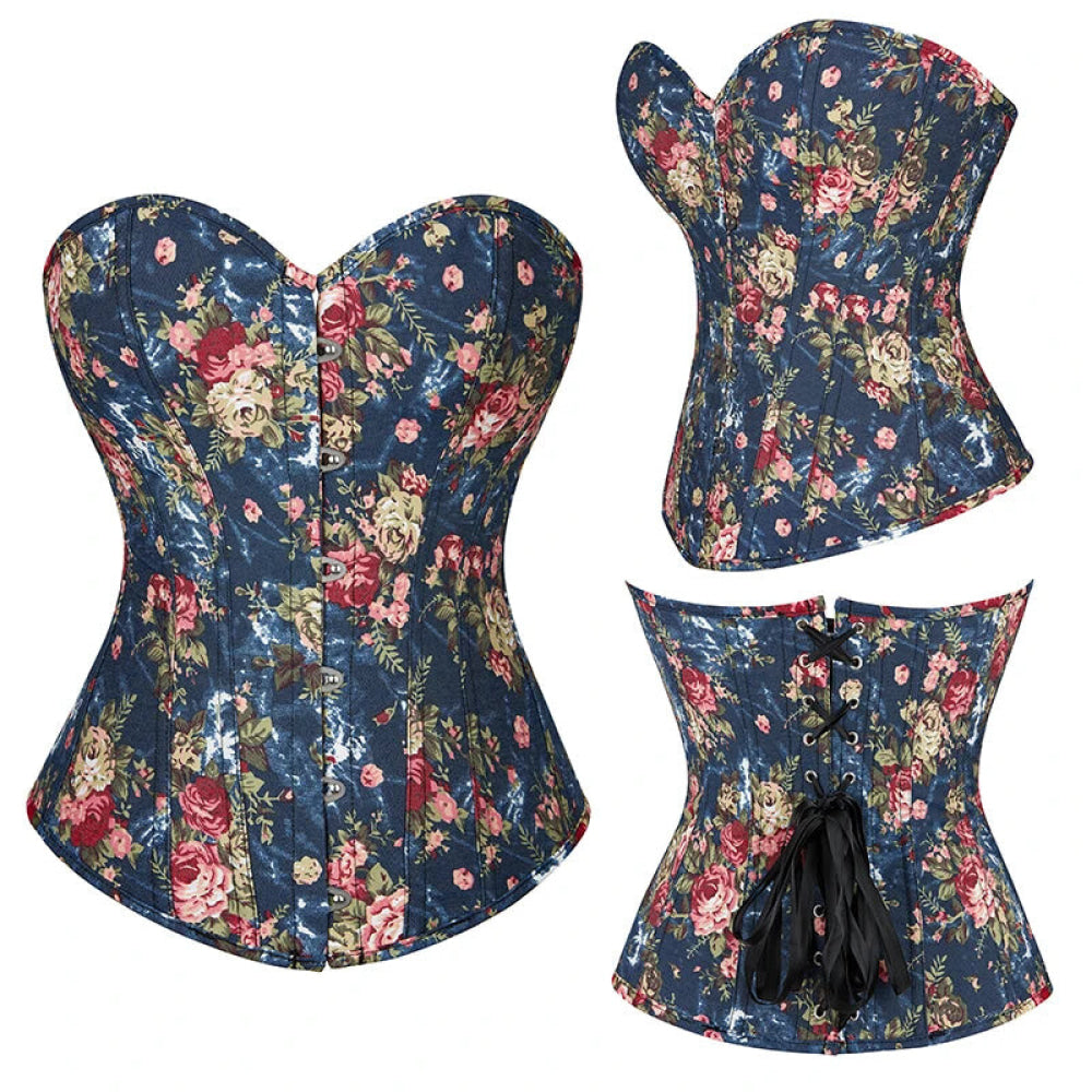 Floral Lace-Up Denim Corset Plus Size S-6Xl Boned Strapless Blue / Black - Black - 4Xl 5