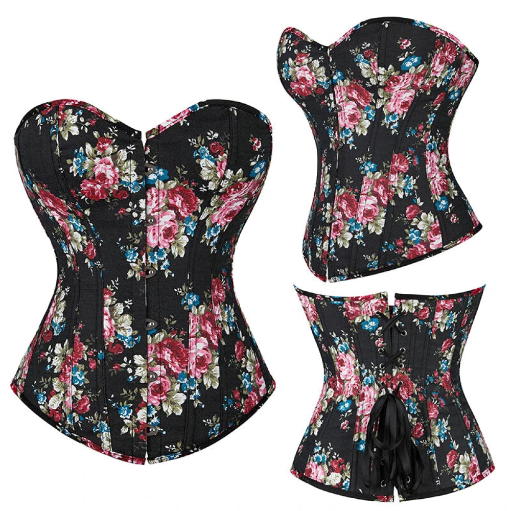 Floral Lace-Up Denim Corset Plus Size S-6Xl Boned Strapless Blue / Black - Blue - 4Xl 4