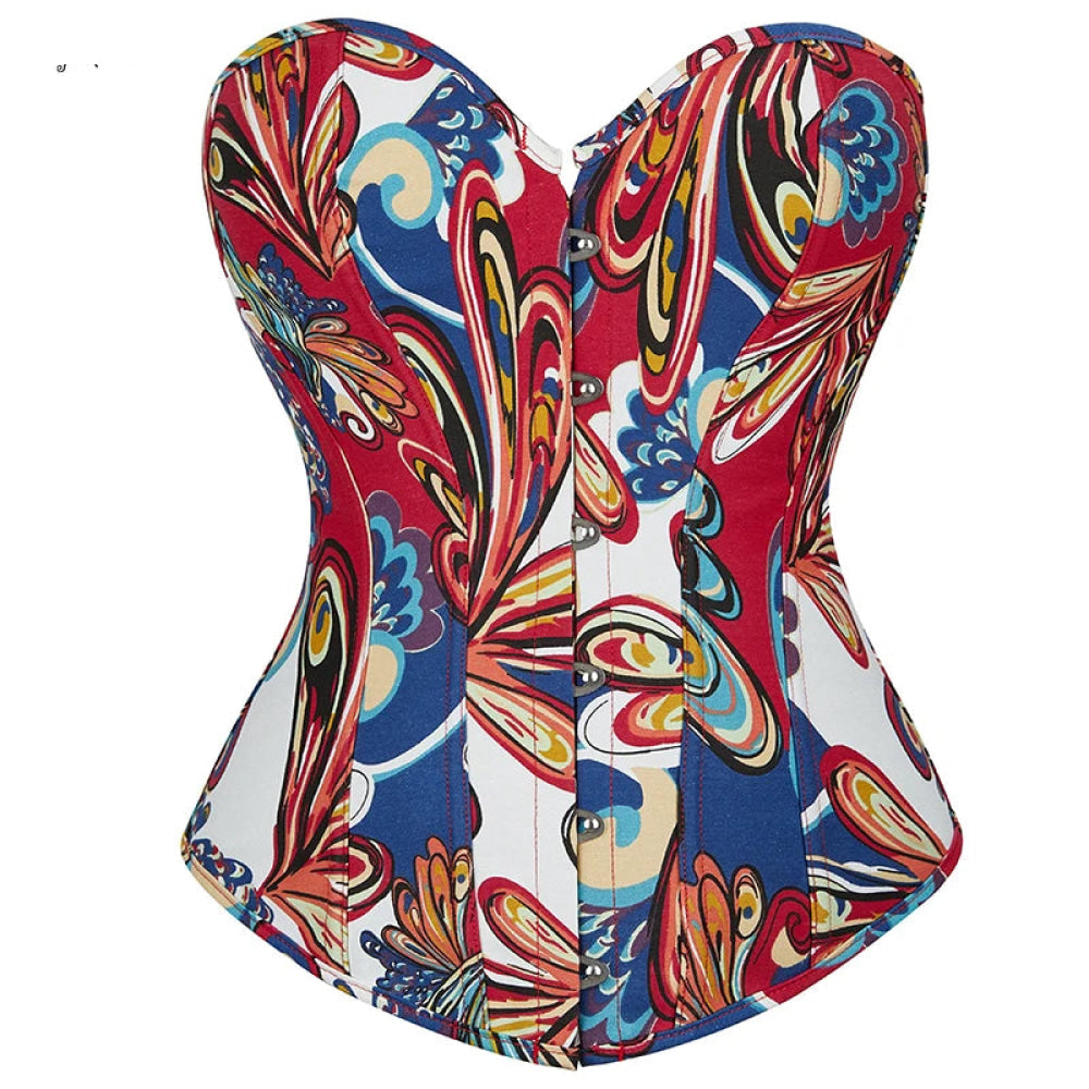 Oil Painting Strapless Overbust Corset Top Front 6 Busk Back Lace Renaissance Style For Women - Blue - Xxl