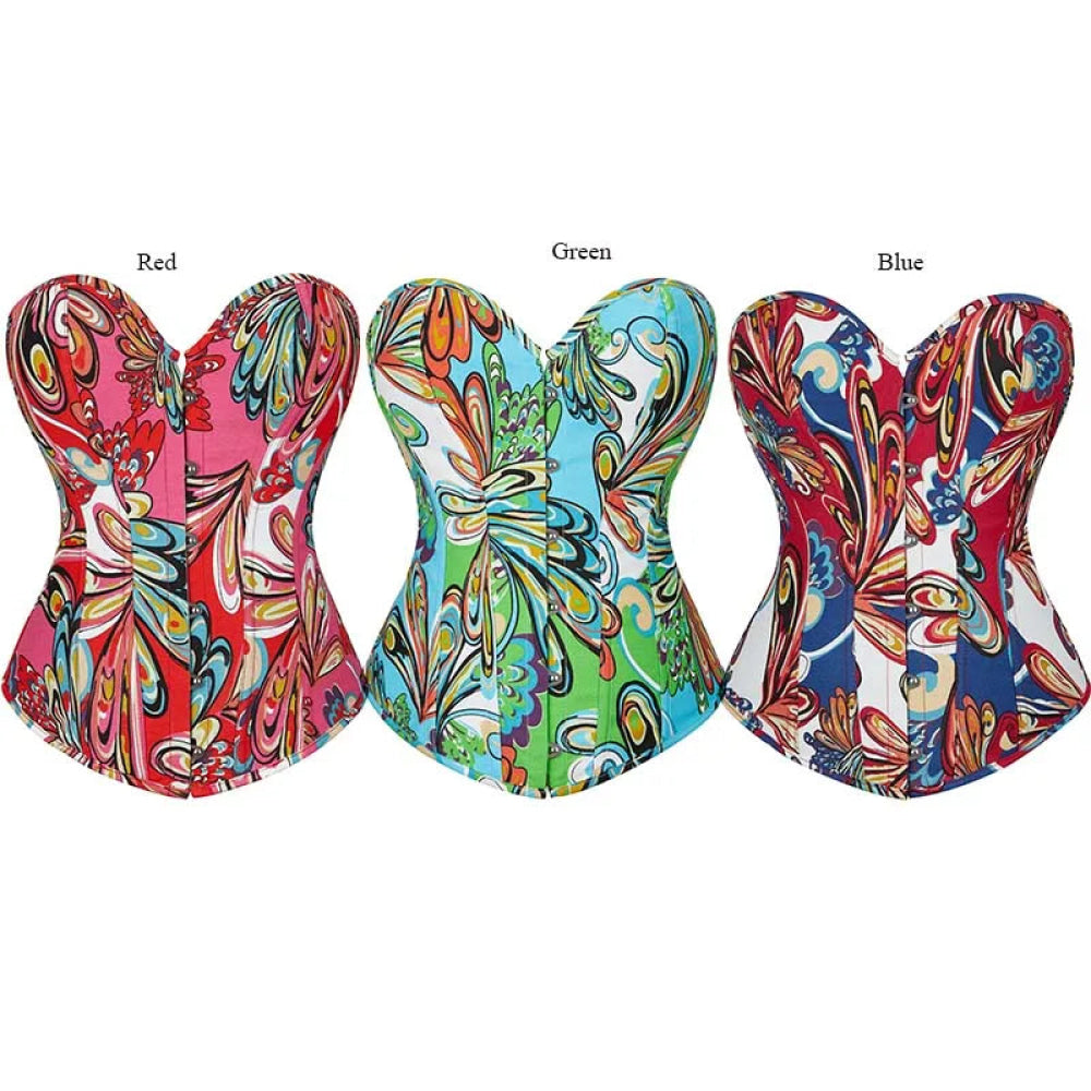 Oil Painting Strapless Overbust Corset Top Front 6 Busk Back Lace Renaissance Style For Women - Red - M 8