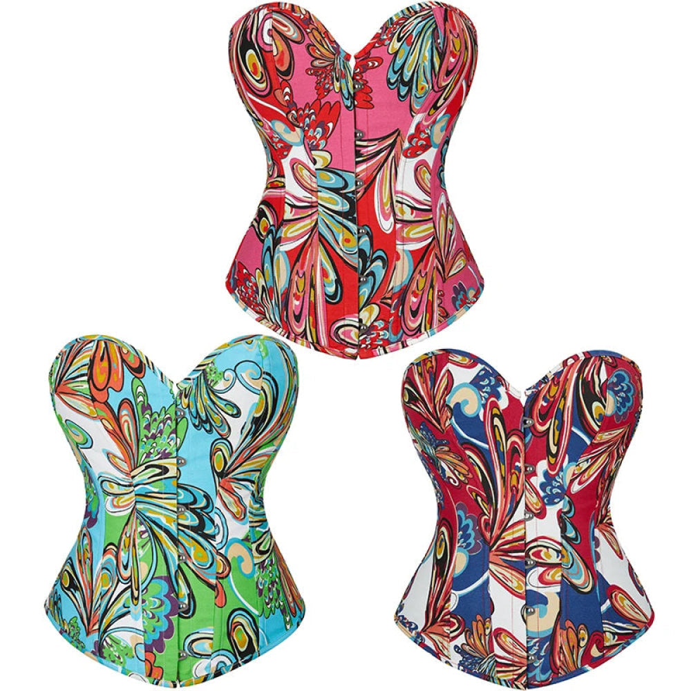 Oil Painting Strapless Overbust Corset Top Front 6 Busk Back Lace Renaissance Style For Women - Red - Xxl