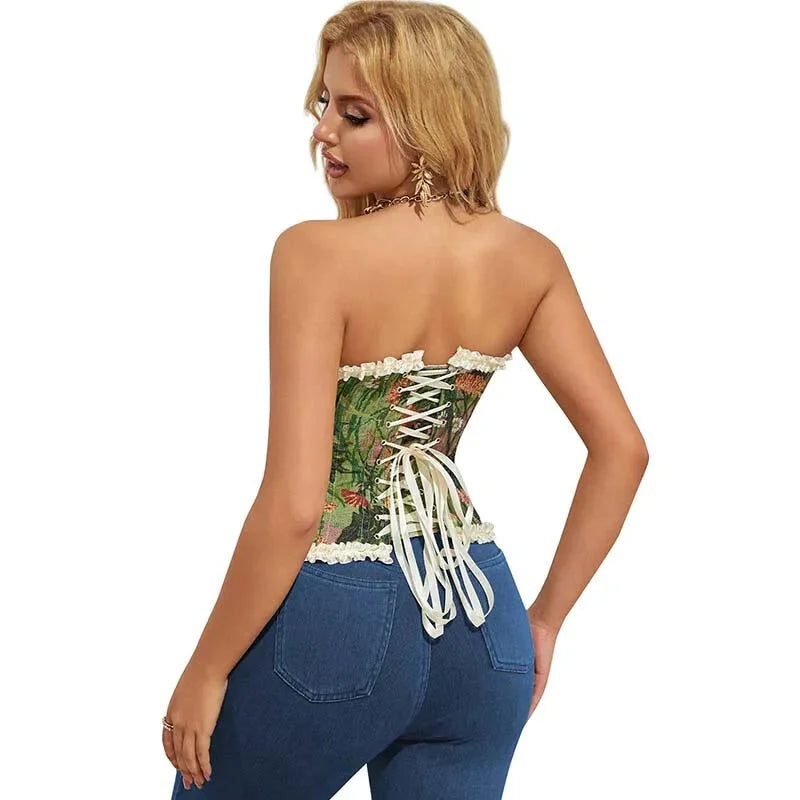 Green Lace Trim Gothic Corset Ruffled Victorian Bustier For Halloween - L 8