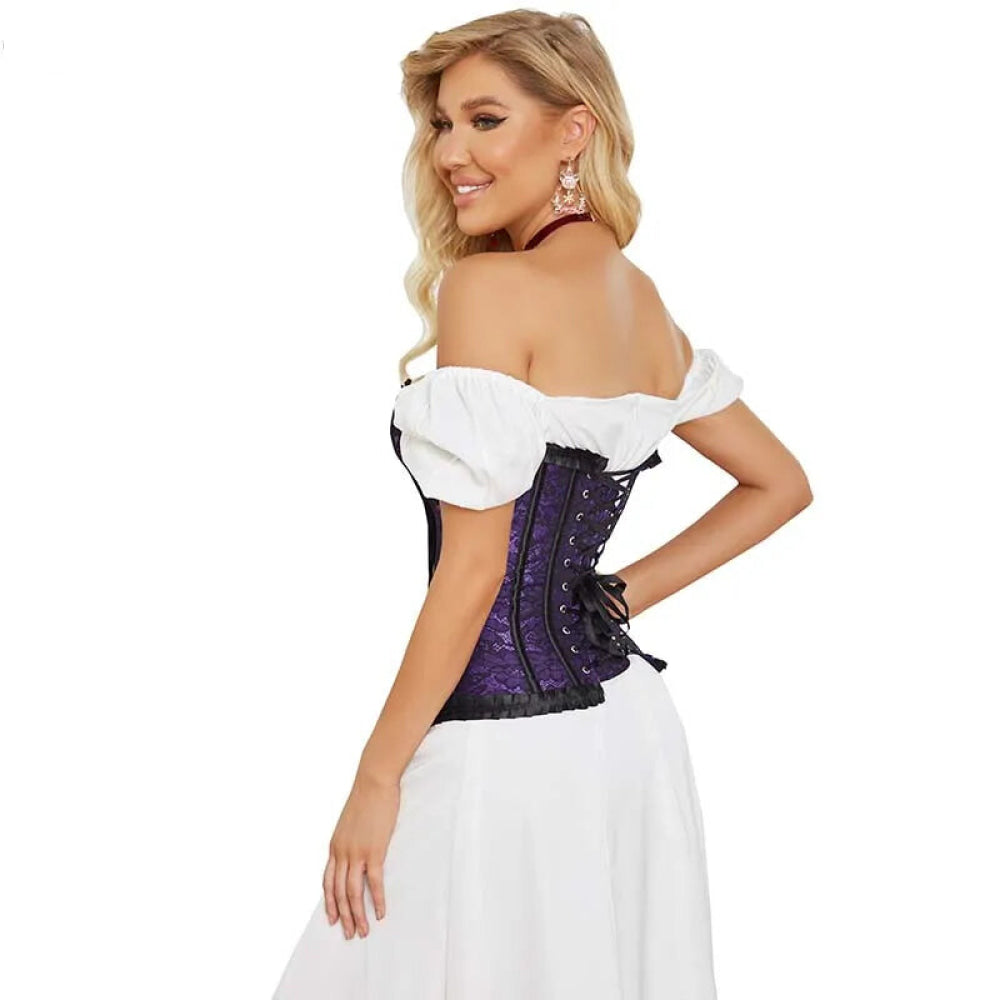 Fishbone Bow Tight Chest Binder Bustier For Gothic Dress Women 10 Red Purple Ruffled Lace Victorian Corset Top - Red - S 7