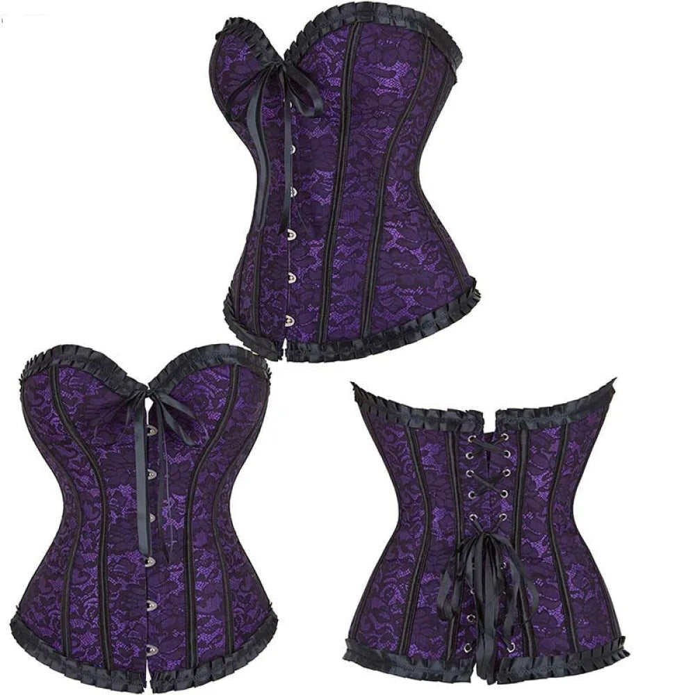 Fishbone Bow Tight Chest Binder Bustier For Gothic Dress Women 10 Red Purple Ruffled Lace Victorian Corset Top - Red - 6Xl