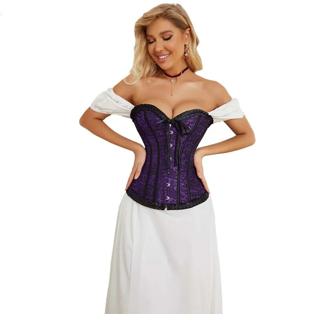 Fishbone Bow Tight Chest Binder Bustier For Gothic Dress Women 10 Red Purple Ruffled Lace Victorian Corset Top - Red - Xxxl 4