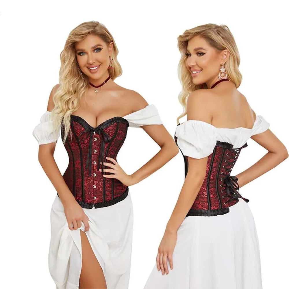 Fishbone Bow Tight Chest Binder Bustier For Gothic Dress Women 10 Red Purple Ruffled Lace Victorian Corset Top - Red - Xxxl 6