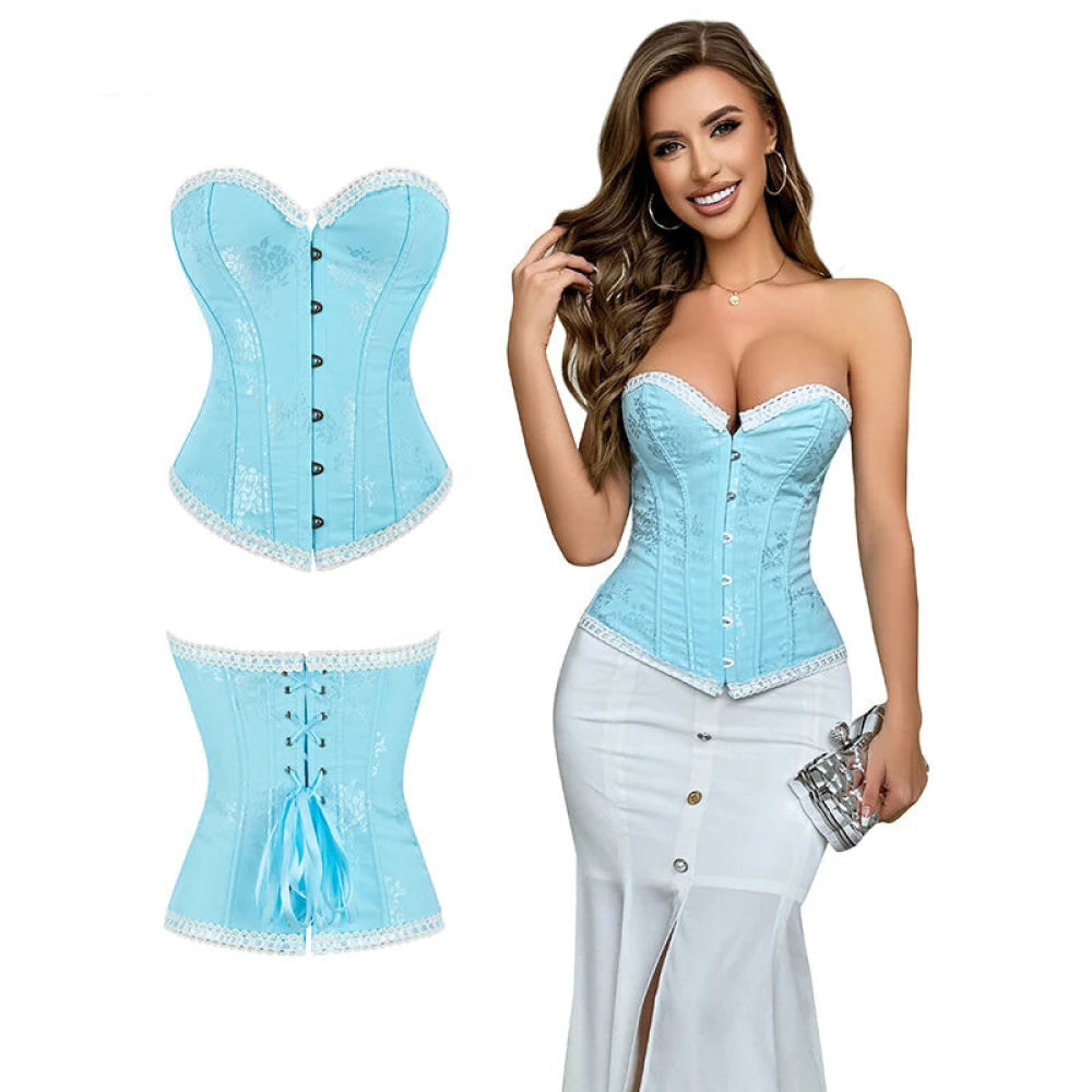 Floral Jacquard Ruffled Boned Corset Top Plus Size Xs-Xxxl Sky Blue Wedding Bridal Body Shapewear - S