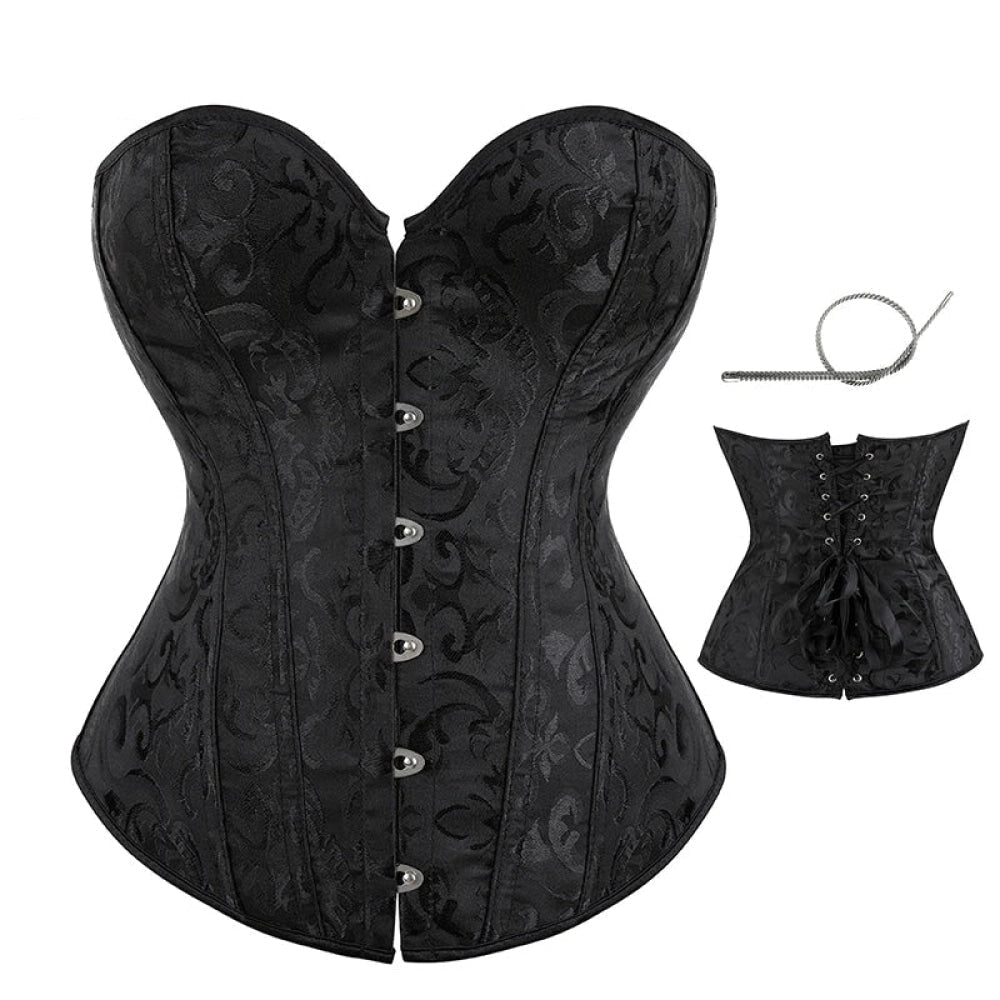 Strapless Victorian Overbust Corset 12 Spiral Steel Boned Jacquard Brocade Plus Size Xs-Xxl - Black - Xs