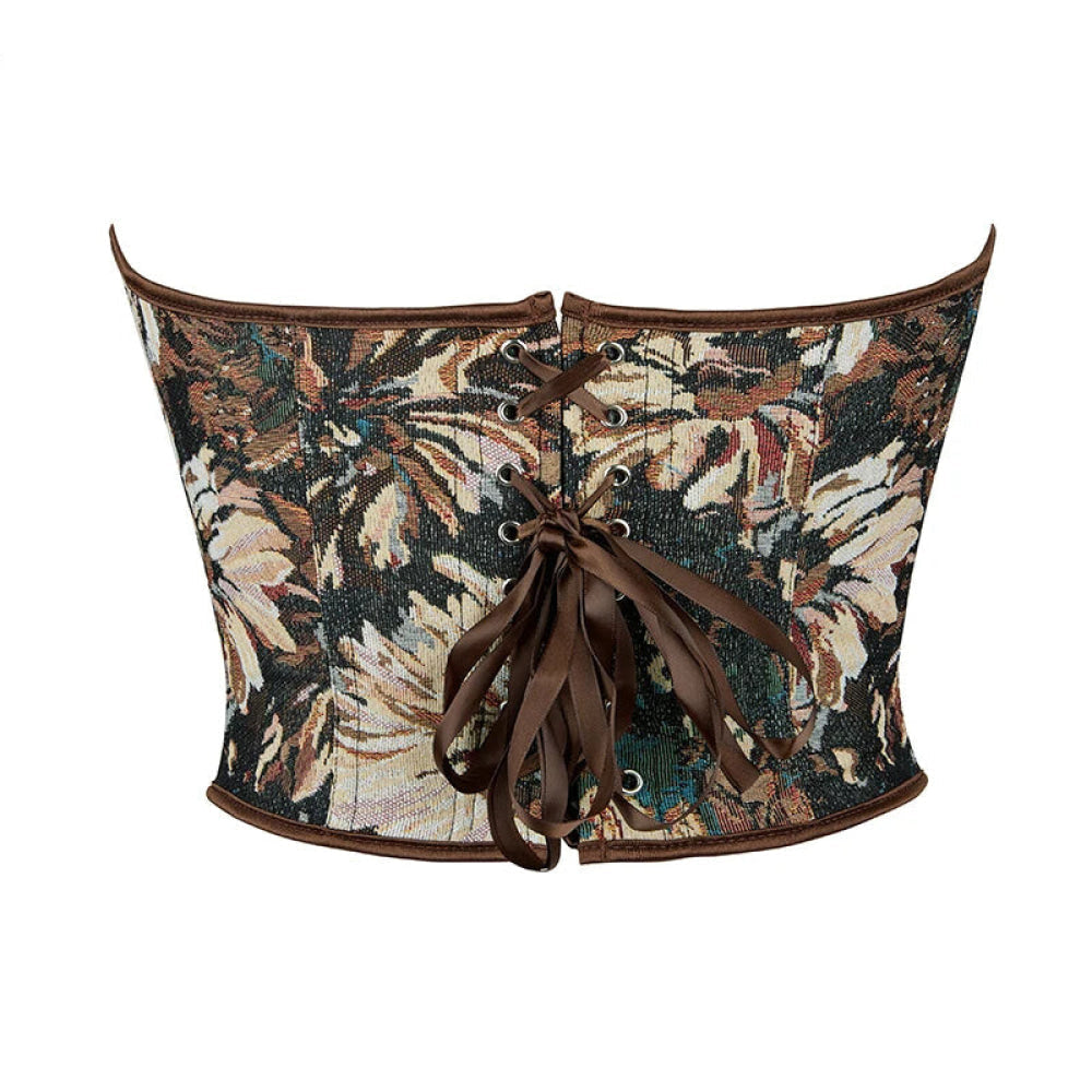 Floral Print Renaissance Corset 12 Plastic Bones Front 5 Busk Closure Plus Size - Blue 502 - Xxxl 6