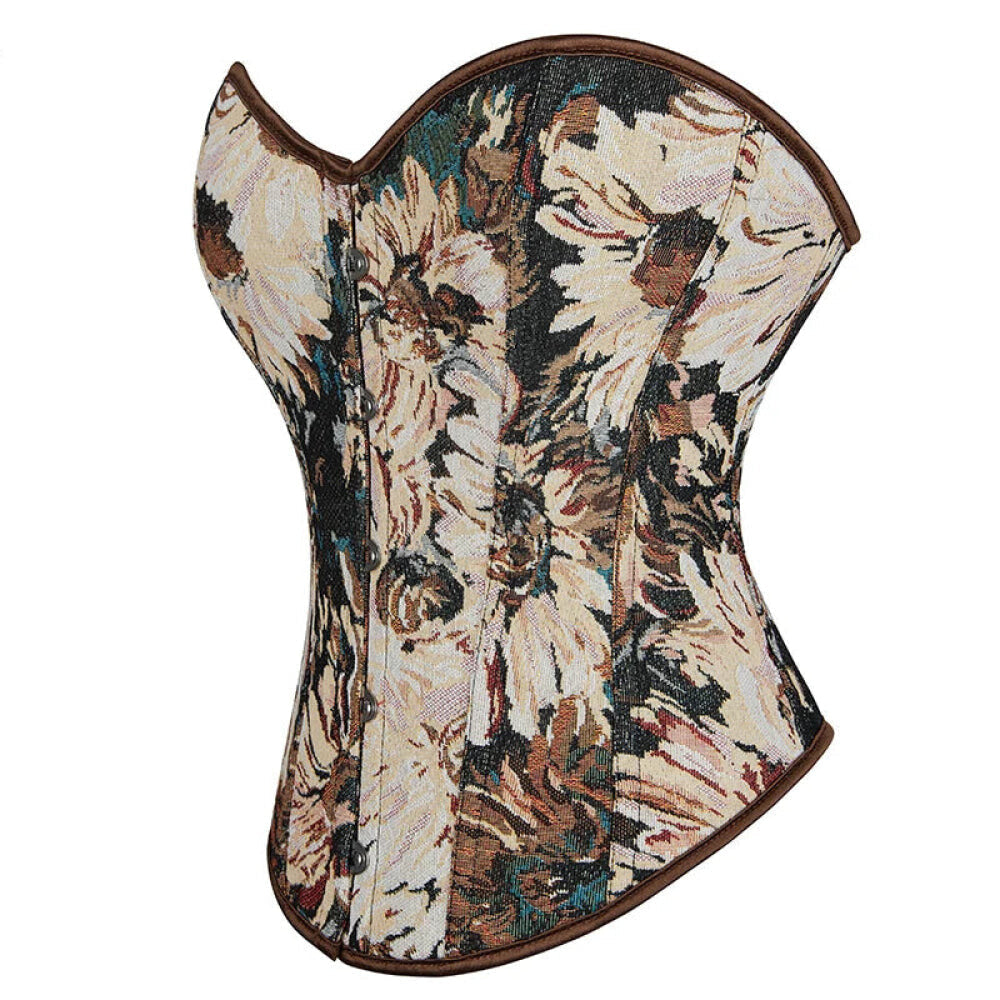 Floral Print Renaissance Corset 12 Plastic Bones Front 5 Busk Closure Plus Size - Blue 502 - Xxxl 7