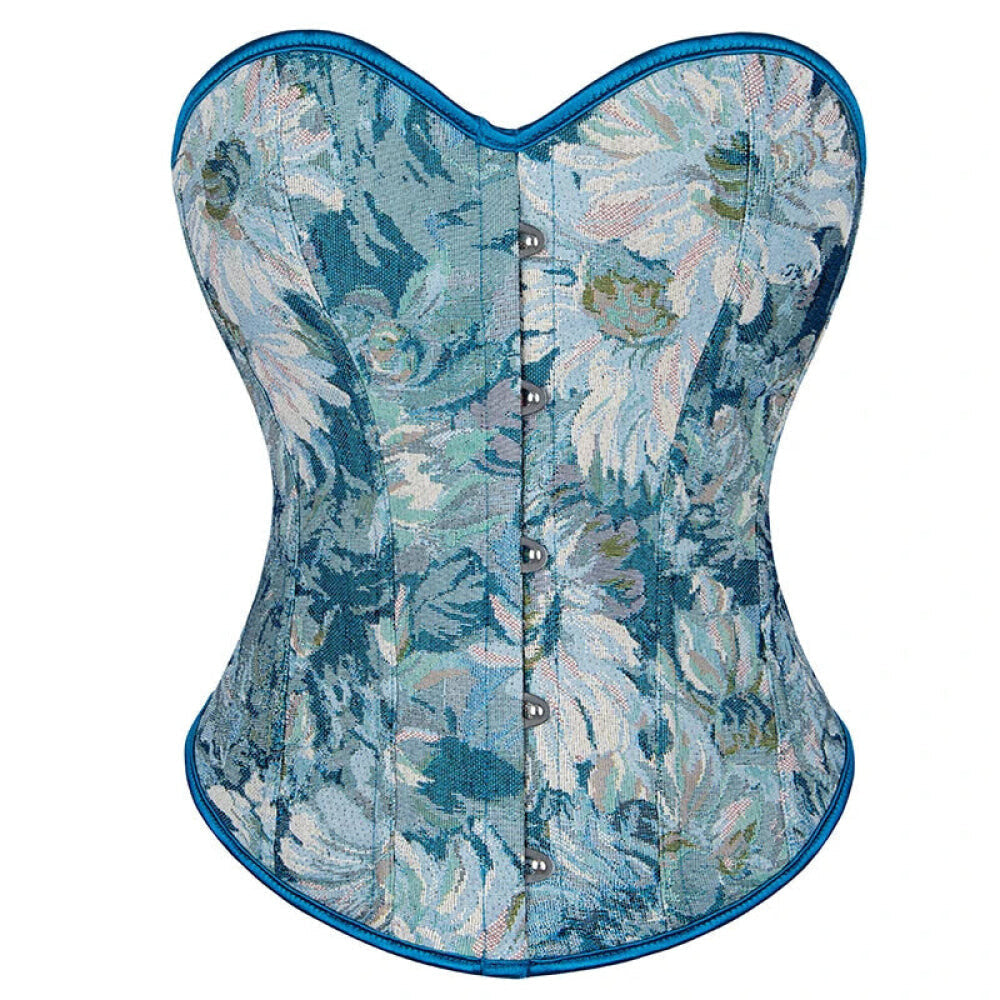 Floral Print Renaissance Corset 12 Plastic Bones Front 5 Busk Closure Plus Size - Blue 502 - Xxxl 8