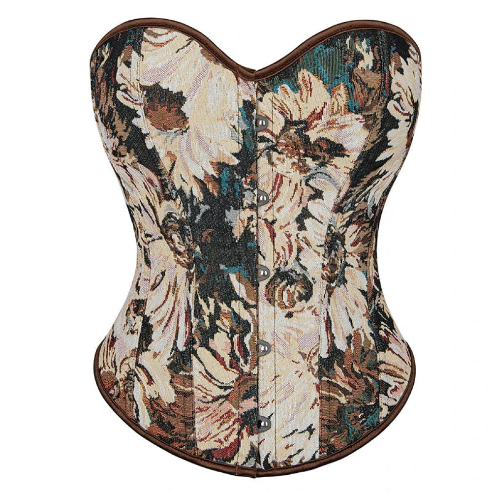 Floral Print Renaissance Corset 12 Plastic Bones Front 5 Busk Closure Plus Size - Brown 791 - Xl