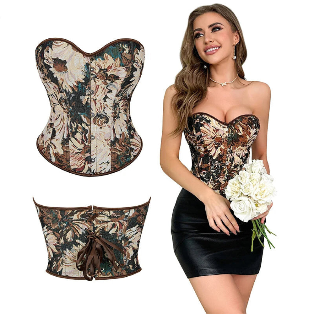Floral Print Renaissance Corset 12 Plastic Bones Front 5 Busk Closure Plus Size - Blue 502 - L