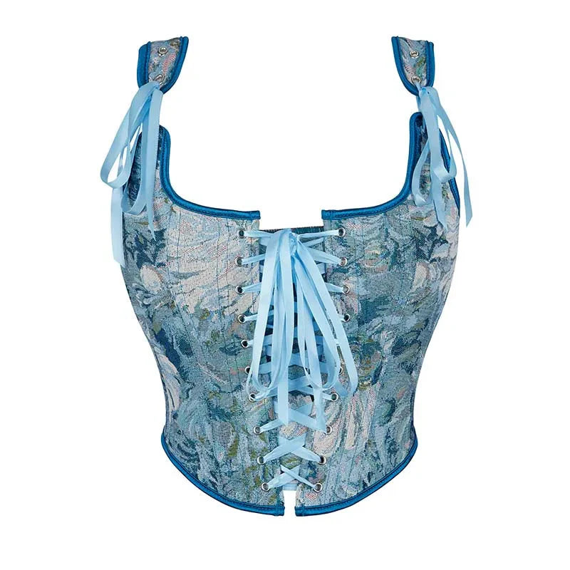 Vintage Floral Embroidered Corset Plus Size Lacing Tank Top - Blue 500 - Xxl