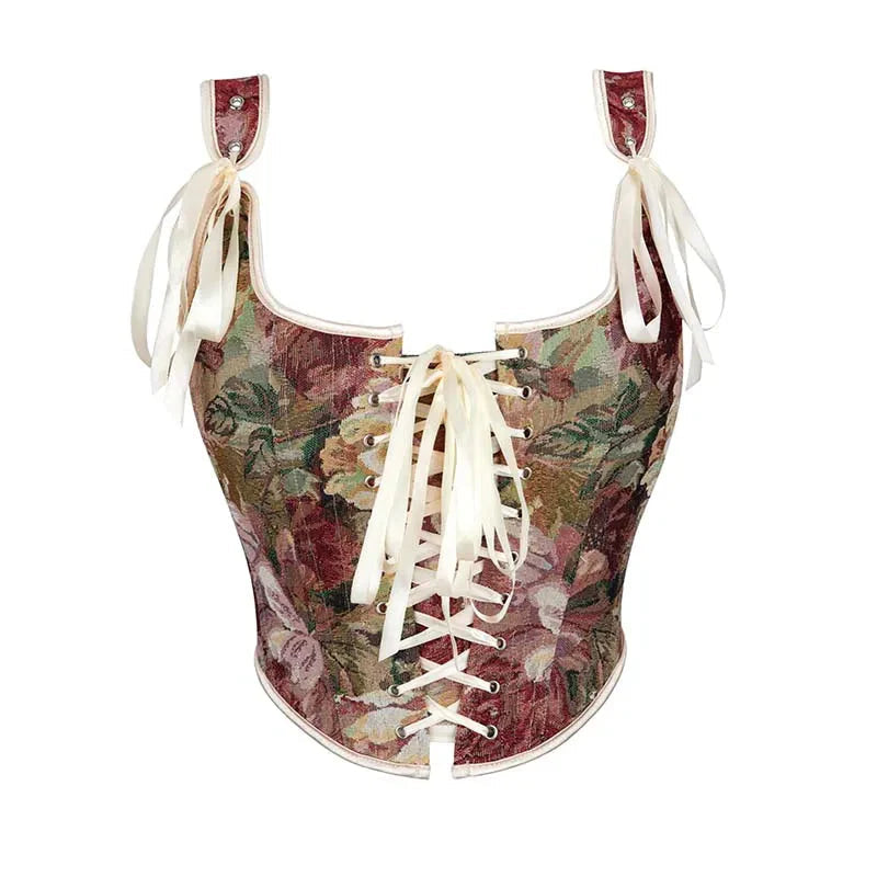 Vintage Floral Embroidered Corset Plus Size Lacing Tank Top - Khaki 785 - Xxl