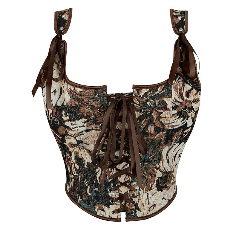 Vintage Floral Embroidered Corset Plus Size Lacing Tank Top - Brown 789 - 5Xl