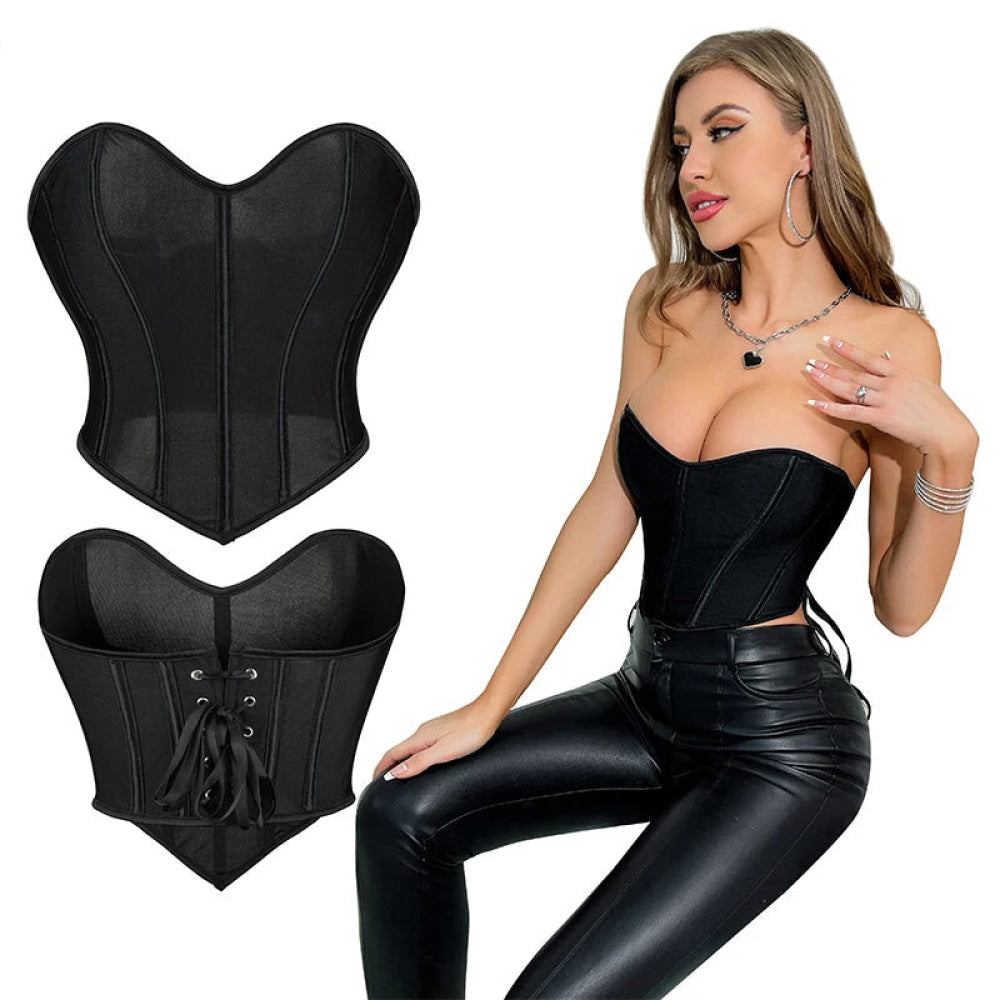 Translucent Vintage Corselet Plus Size Mesh Overbust Bustier For Women 13 Plastic Bones Lace-Up Closure Summer Crop Top - L