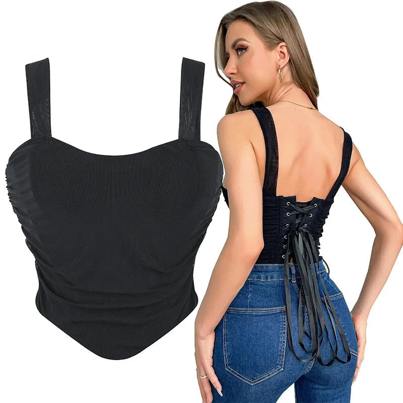Mesh Bustier Strapless Shapewear With Lace-Up Ruched Hem - Xxxl