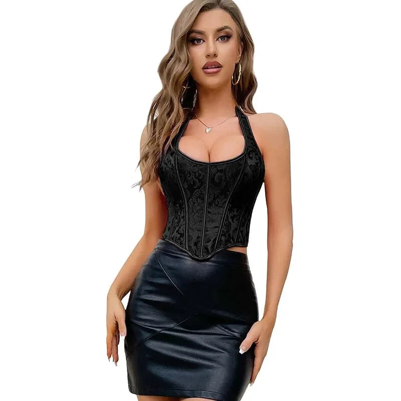 Black Brocade Lace-Up Halter Corset Plus Size Vintage Gothic Corselet - Xs