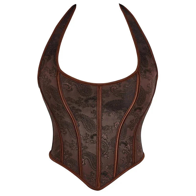 Fish Bone Jacquard Deep V-Neck Corset Crop Top With Halter Neck Plus Size - Xxl