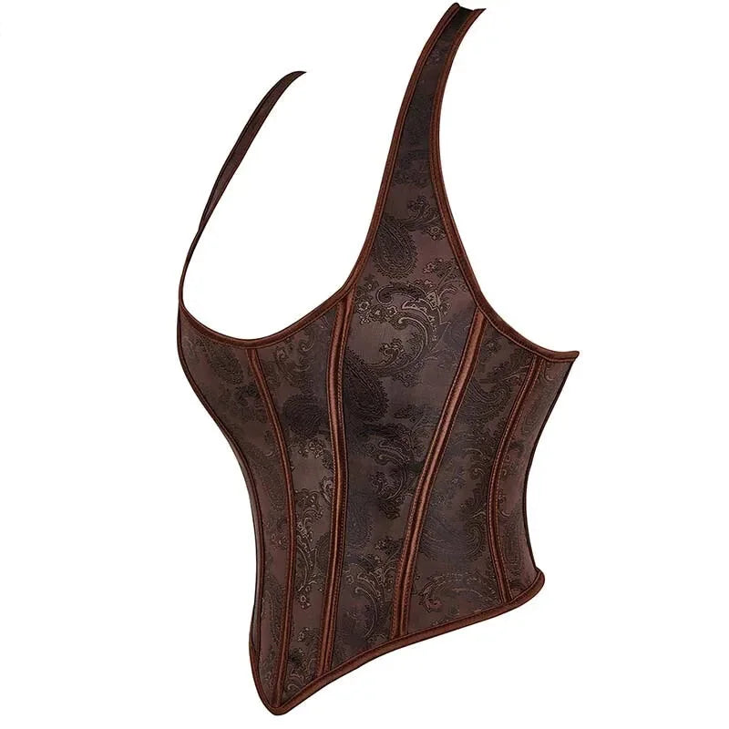 Fish Bone Jacquard Deep V-Neck Corset Crop Top With Halter Neck Plus Size - Xs 4