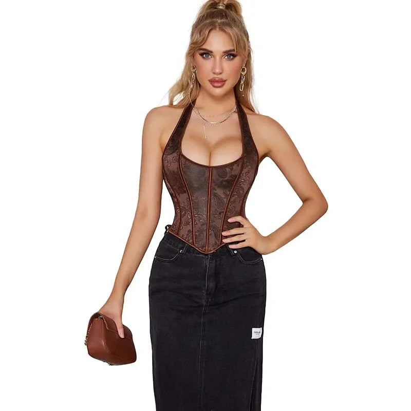 Fish Bone Jacquard Deep V-Neck Corset Crop Top With Halter Neck Plus Size - Xs 7