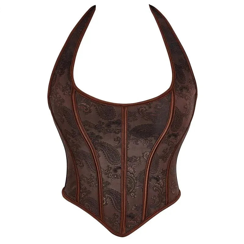 Fish Bone Jacquard Deep V-Neck Corset Crop Top With Halter Neck Plus Size - L