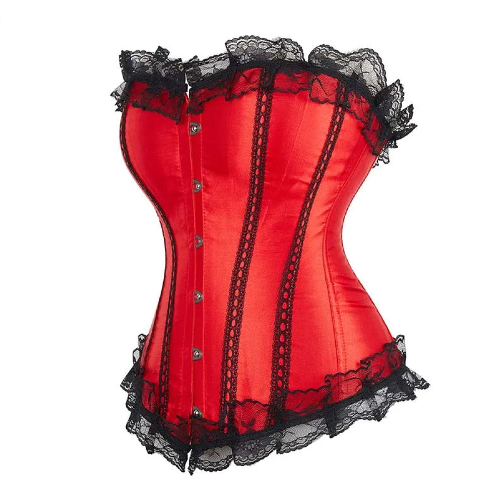 Silk Corselet With Floral Lace Trim Front 6 Busk Closure Plus Size Xs-6Xl Red - Xl