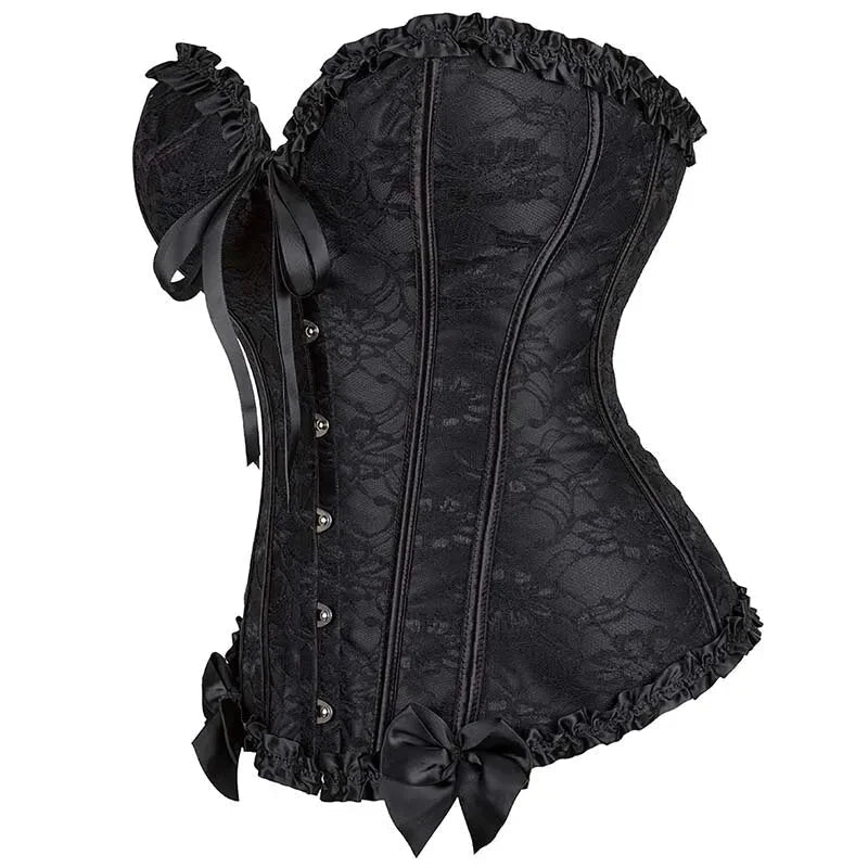 Vintage Lace Overlay Corset With Bowknot Detail Lace Up Bone Pleated Mesh Women - Xl