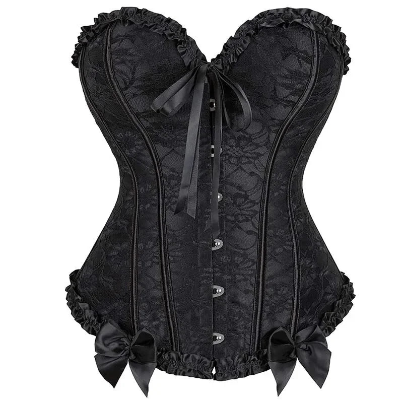 Vintage Lace Overlay Corset With Bowknot Detail Lace Up Bone Pleated Mesh Women - Xxxl