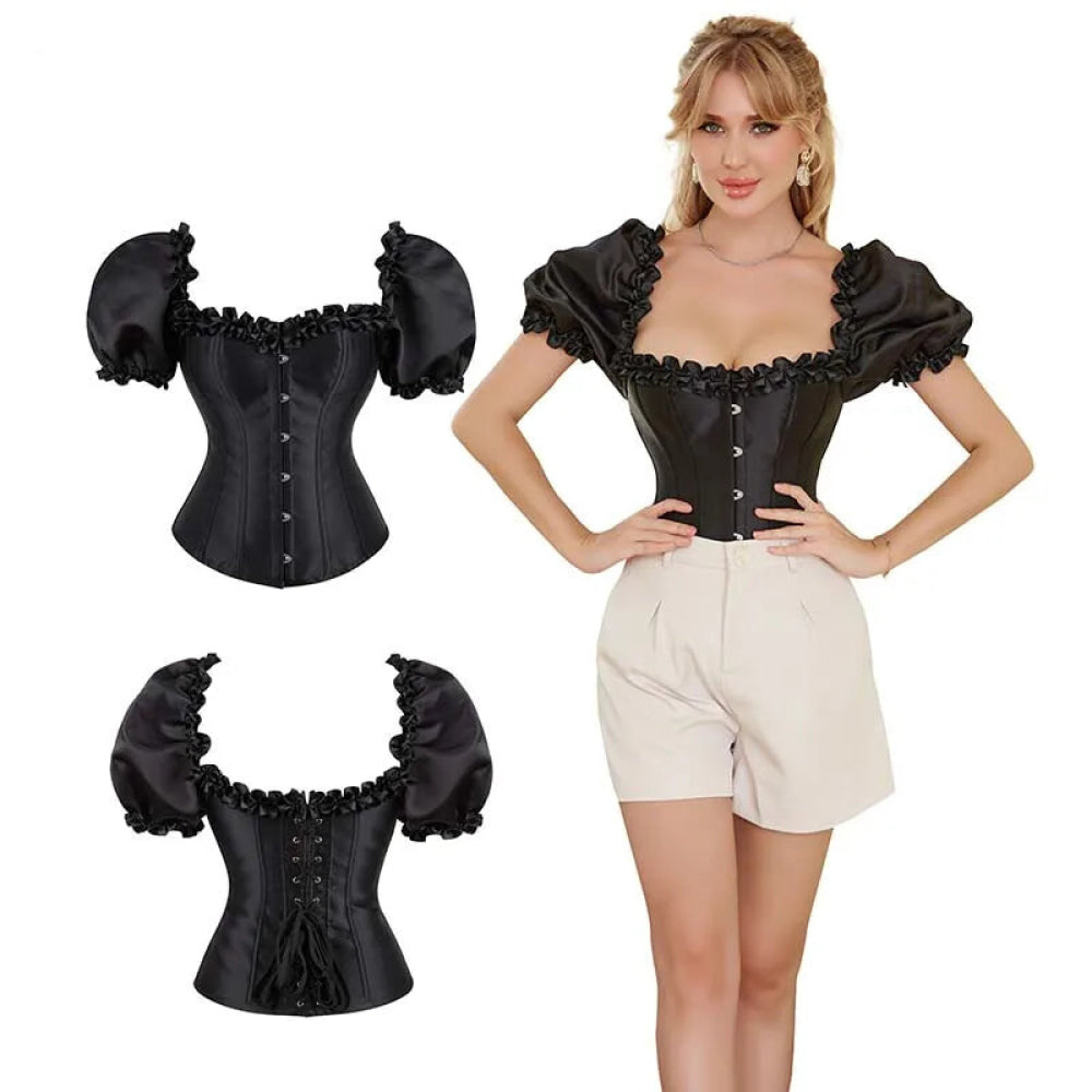 Black Lace-Up Ruffled Corset Bustier Plus Size S-6Xl - Xxl