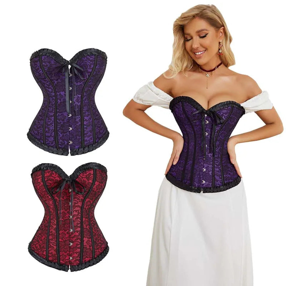 Vintage Floral Lace Up Overbust Corset For Mature Women Sizes Xs-6Xl - Red - Xl