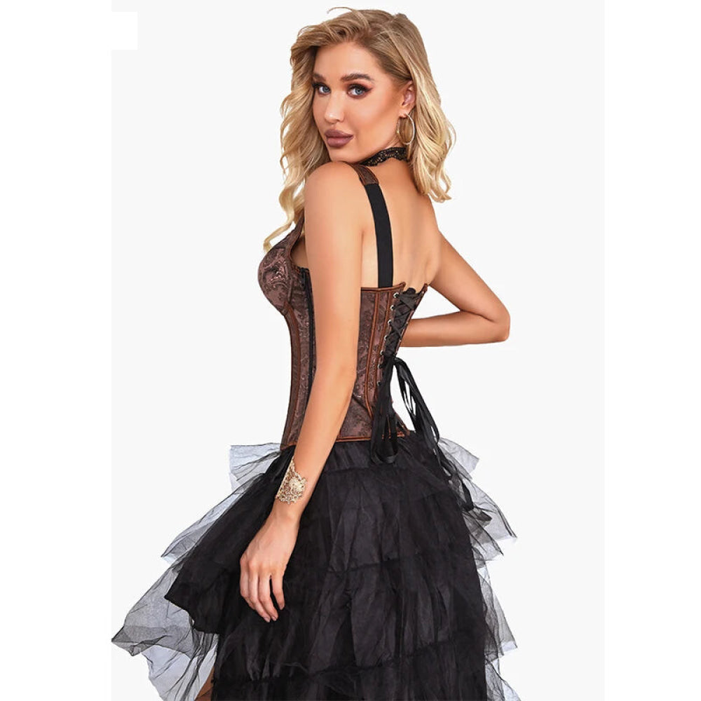 Steampunk Jacquard Lace-Up Shoulder Strap Corset Padded Bustier With Zip - S 6